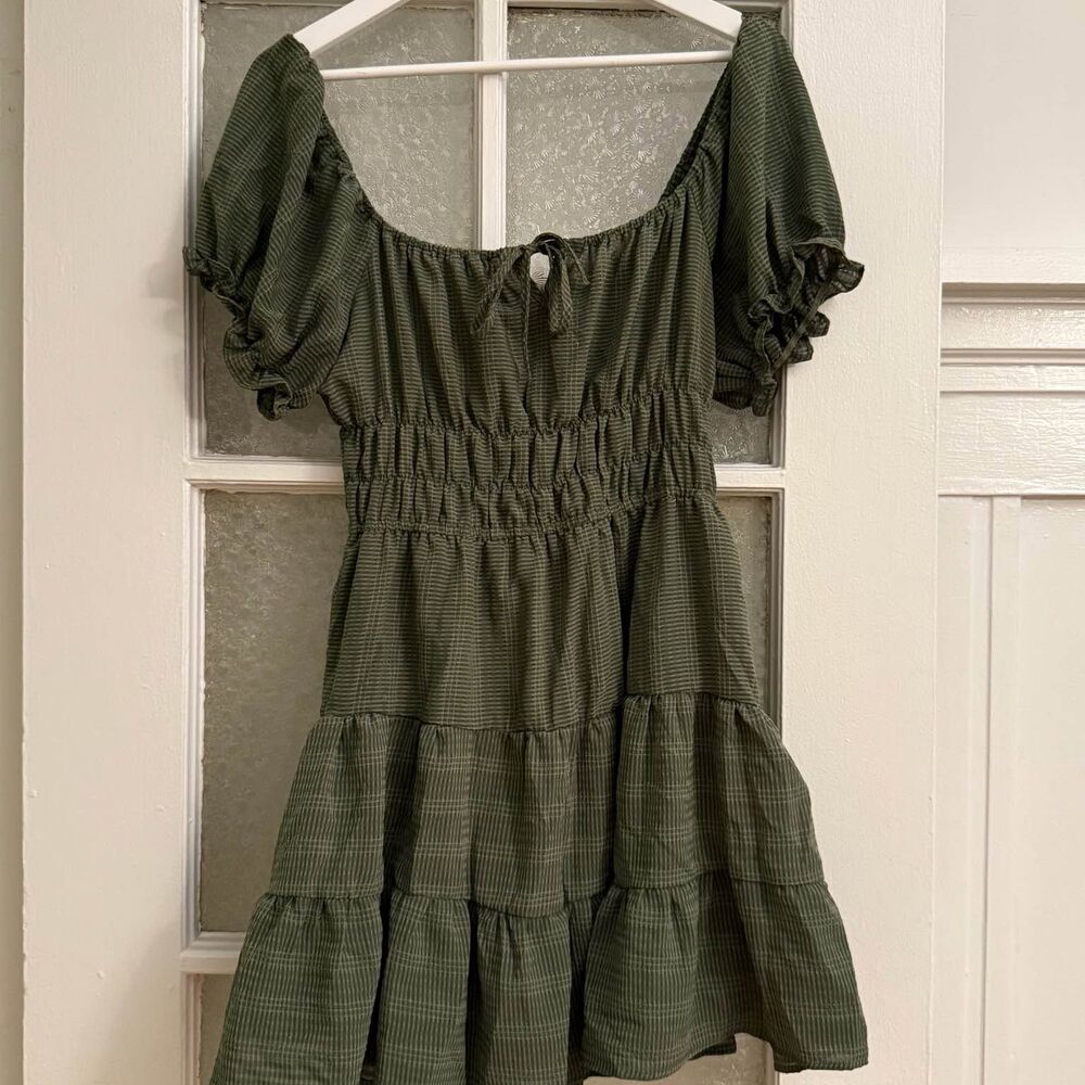 Liberty Love Olive Green Smocked Tiered Mini Dress – Large - Cottagecore Style